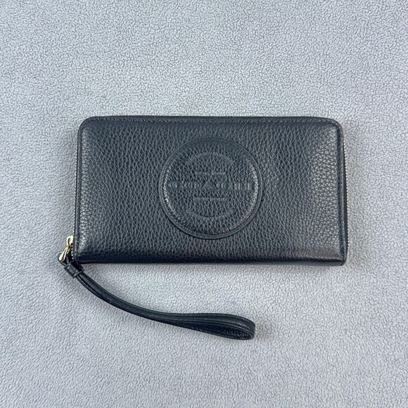 Coach Dempsey Large Phone Wallet Wristlet Black Pebbled Leather Zip Around - Picture 1 of 9